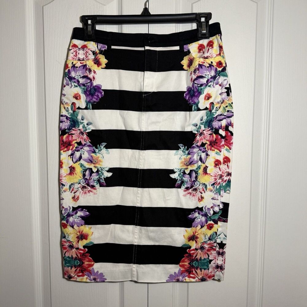 Bisou Bijou Womens Floral Print Striped Pencil Skirt Bodycon Midi Size 6